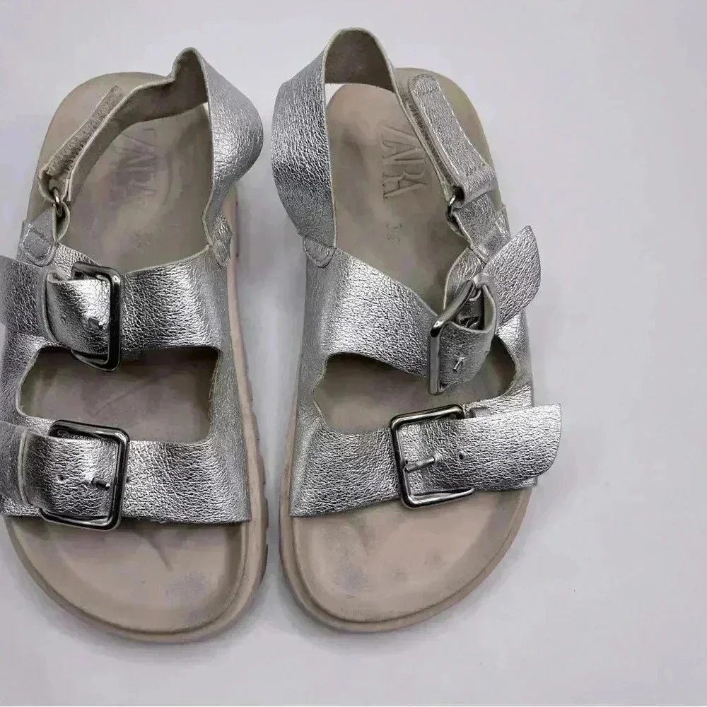 Zara metallic silver‎ sandals size 30 chunky adjustable straps